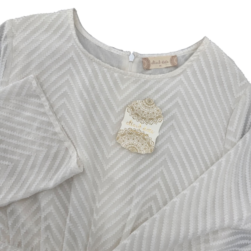 Altar'd State Lucia White Chevron Mini Dress Size Medium Bell Sleeve Ruffle‎ Hem